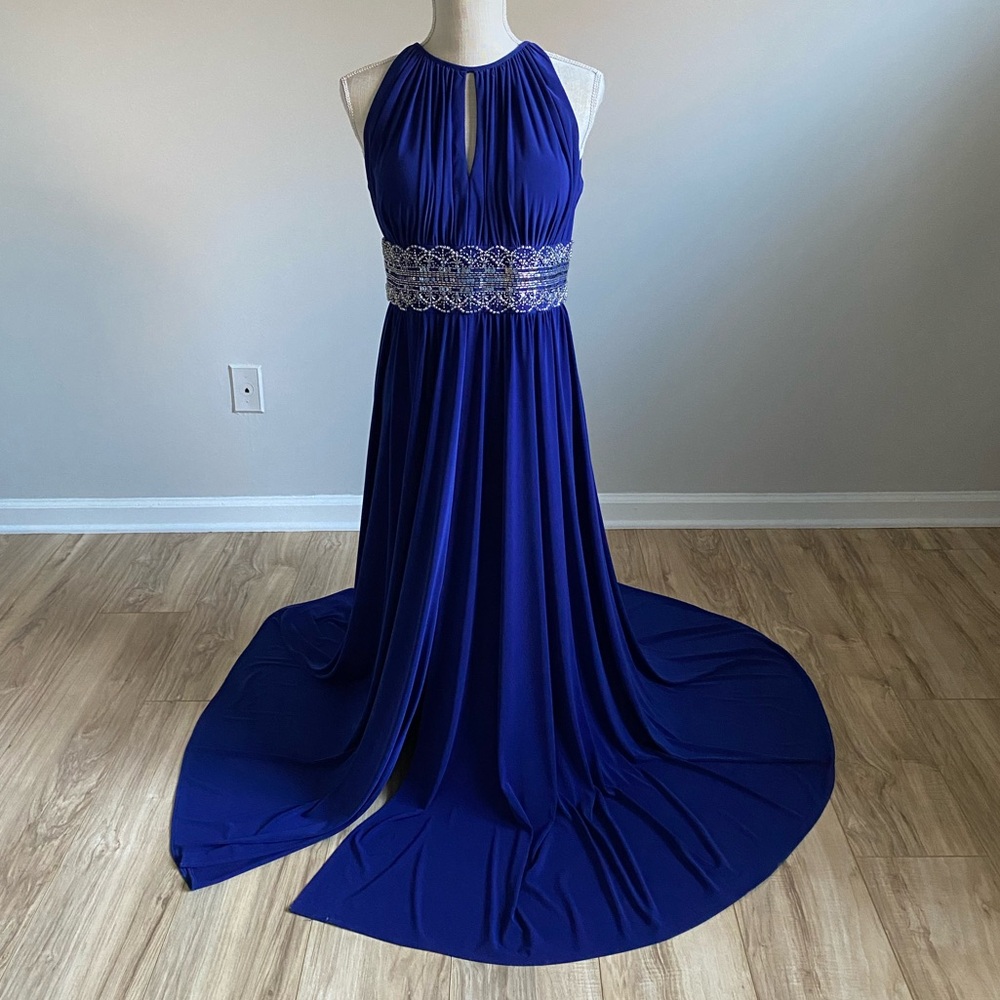 Floor Length Formal Royal Blue Hand Beaded Top Dress